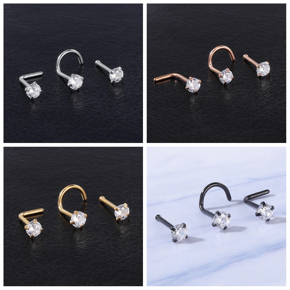 3-12Pcs/lot Color Crystal Nose Piercing Set 20G Stainless Steel Nose Studs 3mm L Shape S Shape Nostril Piercing Jewelry