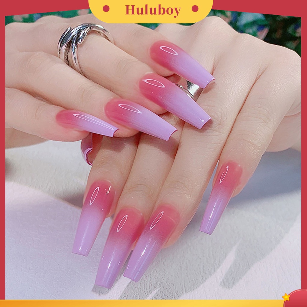 Huluboy Huluboy♡ 24pcs / Box Kuku Palsu Ultra Tipis Warna Gradasi Untuk Manicure