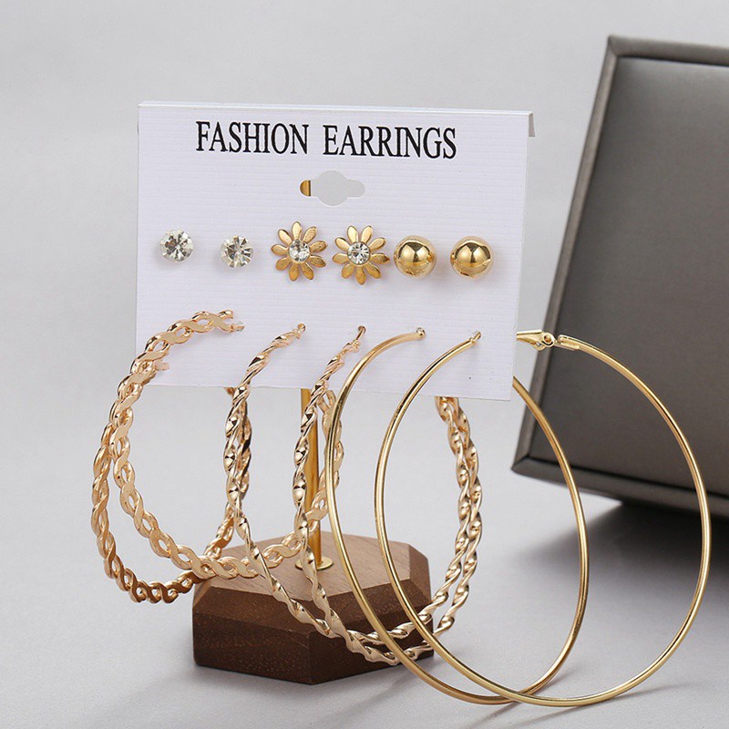 6 Pairs/Set Earring Set European Simple Punk Crystal Pearl Small Ball Big Circle Round Hoop Earrings For Women Jewelry|Hoop Earrings For Women