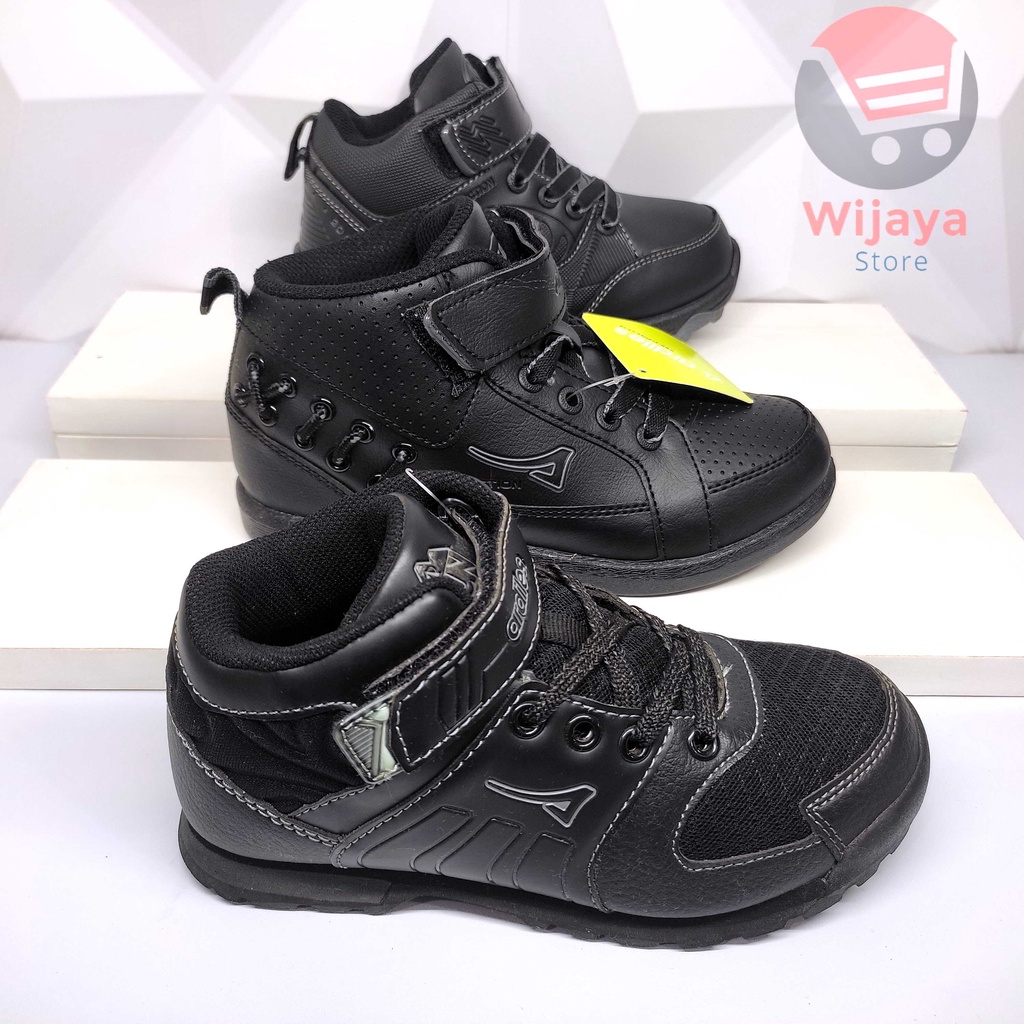 Sepatu Sekolah Ardiles 31-36 Model Boot Anak Hitam Polos dengan Kombinasi Perekat dan Tali yang Trendi RAMPAGE GRAINED BIS ACW BOMSILK