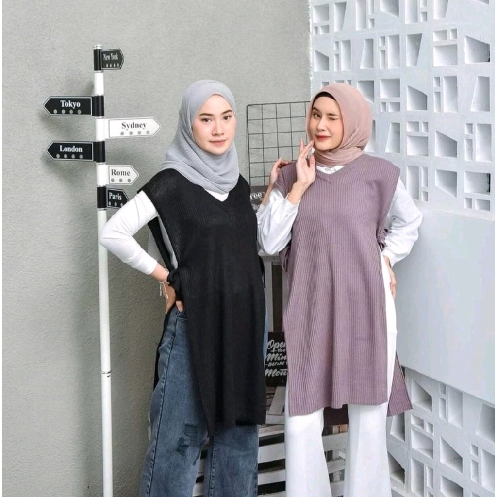 RiSif. Vest Rajut Salur Kerah V Panjang / Rompi Rajut Premium /Vest Rajut Oversize Panjang