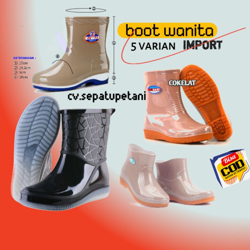 Jual Sepatu Boot Boots But Wanita Import Karet Low Heels Lentur Anti Air Banjir Keong Tinggi