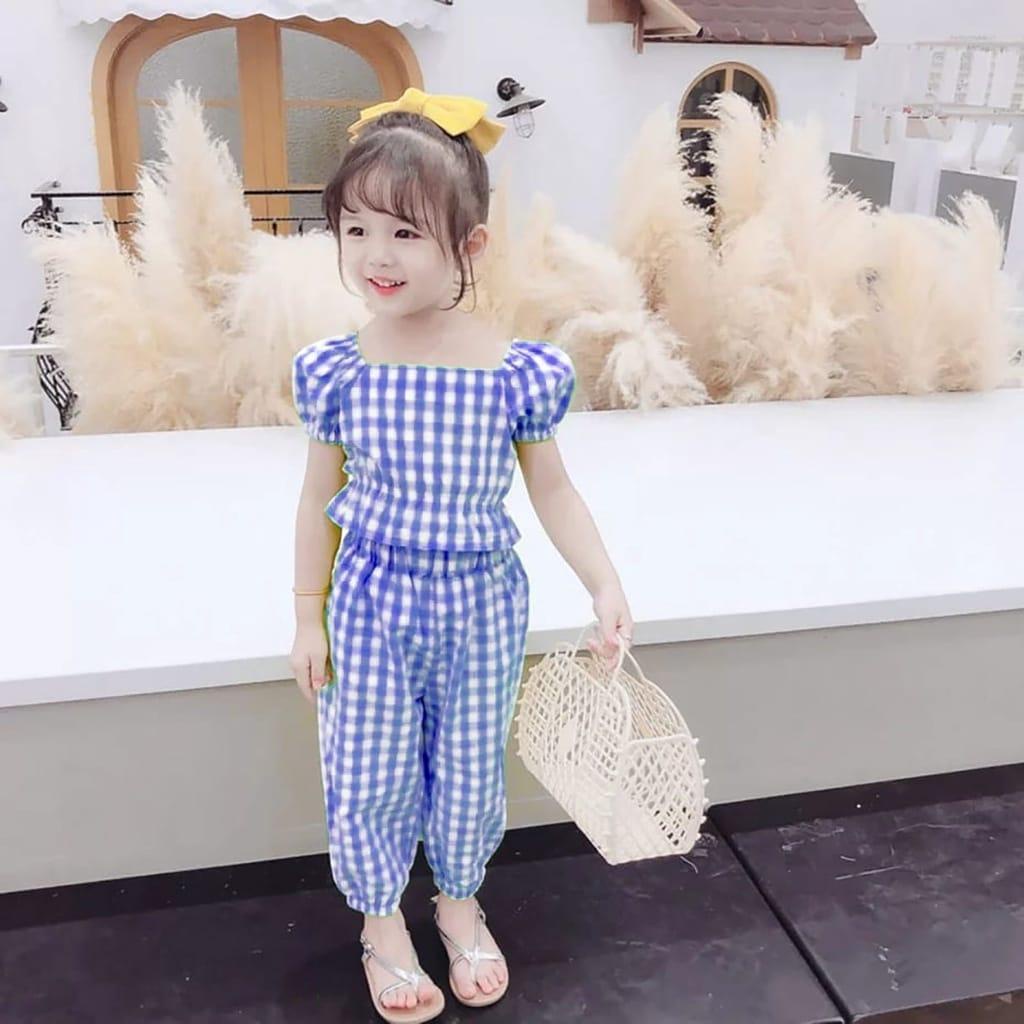 BEFAST - ZTL OOTD Oneset Anak DONNA / set anak joy queen / Pakaian Anak-Anak Perempuan / Set Atasan Baju lengan Pendek Leher Kotak+Celana Panjang / Oneset Motif Kotak-Kotak / Setelan Anak-Anak Santai Casual / Oneset Anak-Anak Perempuan Terbaru 2022