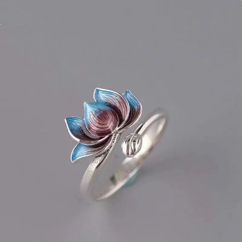 Cincin Model Terbuka Dapat Disesuaikan Desain lotus Warna Biru Gradasi Untuk Pria Dan Wanita