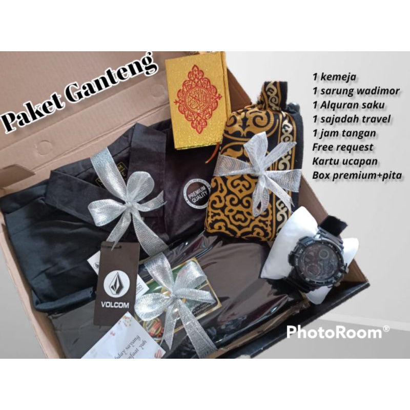 Paket Ganteng Kemeja,Sarung wadimor, perlengkapan sholat pria, aksesoris pria,jam tangan kado untuk 