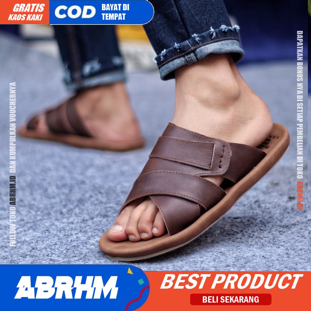 ABRHM x EXCO Sandal Slide Pria Sandal Slop Pria Kulit Asli Sendal Selop Cowok / Cowo Ori Kekinian