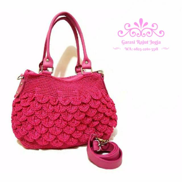 Tas Rajut Wanita Nilon Kendil Sisik Pink Fanta Merah Muda Handbag Jinjing Fashion Selempang