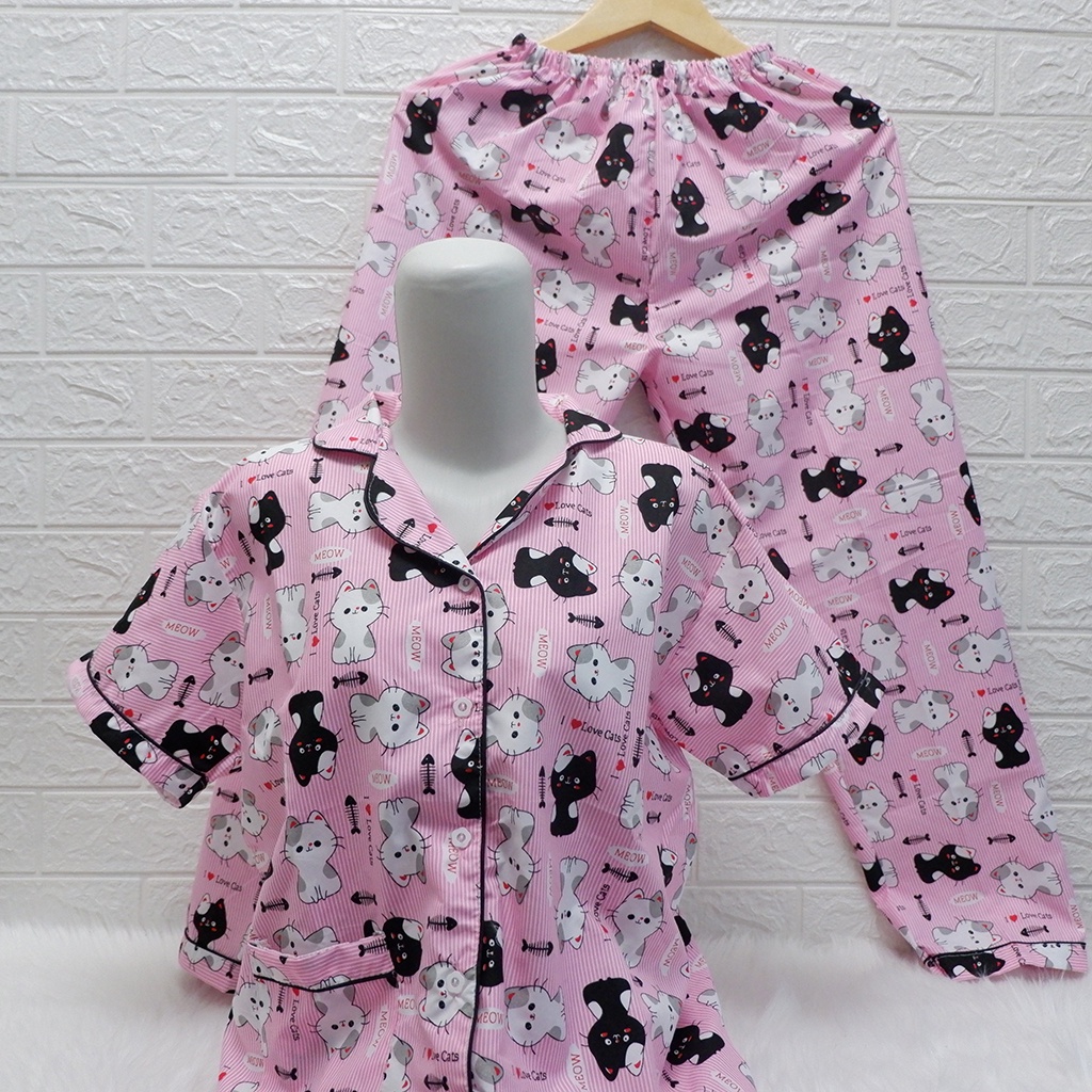 Baju Tidur Piyama Wanita Dewasa Setelan CP Motif Trendy-CPL CAT STRIPE PINK