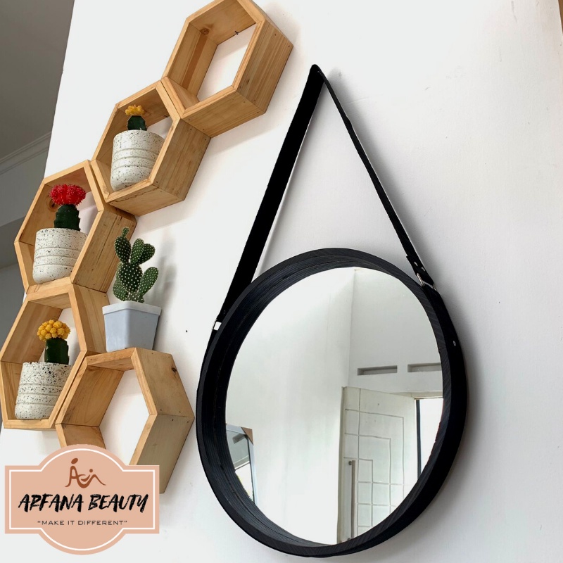 Cermin Dinding Bulat Gantung Kayu Aesthetic Mirror Selfie Perlengkapan Dekorasi Penghias Kamar Tidur Rumah Ruang Tamu Vintage Kayu Hanging Round Wood Mirror Selfie Kaca Cermin Hiasan Dinding Gantung  Rias Make Up Dandan Kosmetik Premium