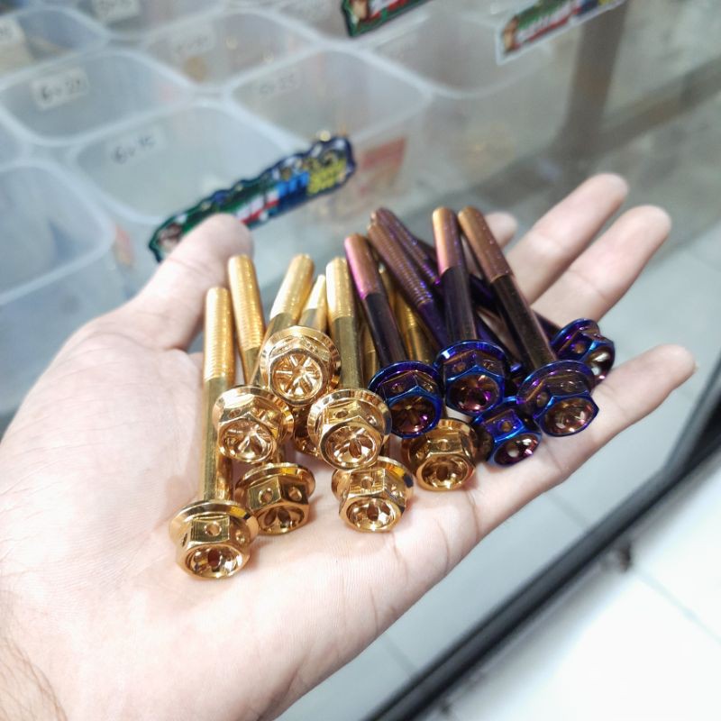 BAUT PROBOLT FLOWER DRAT 12 PANJANG 7,5CM 8X75 GOLD BLUE ORIGINAL HENG