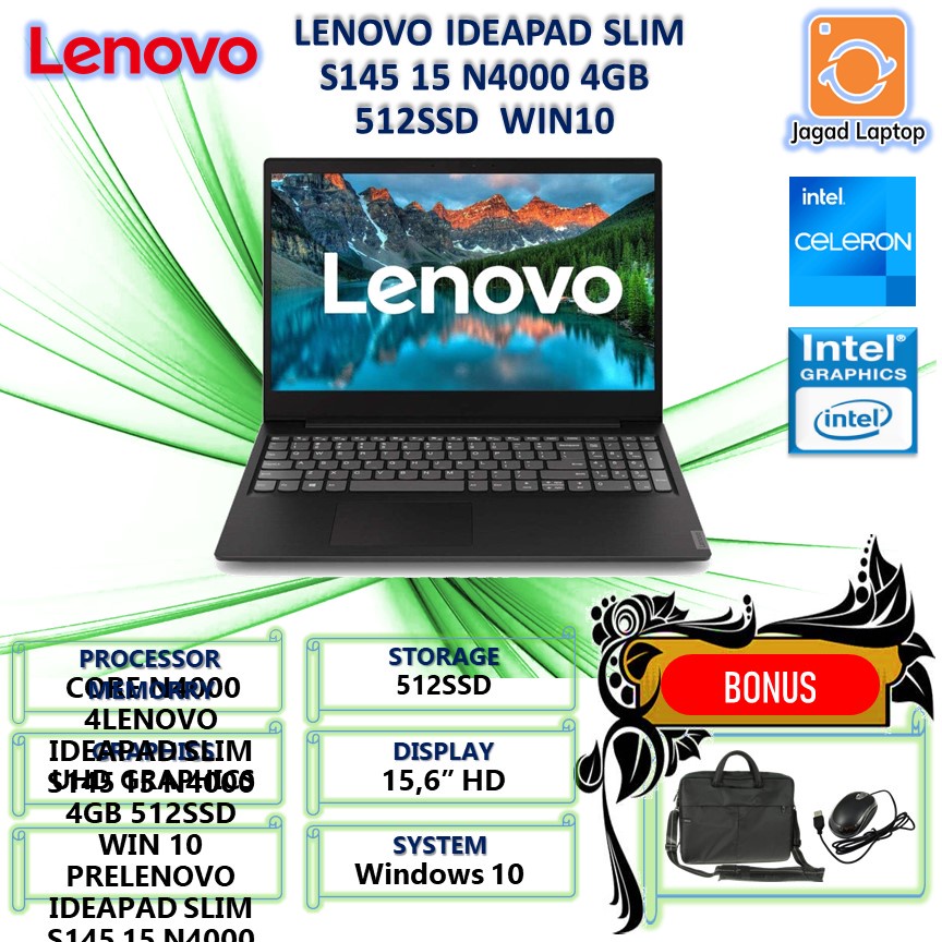 laptop LENOVO IDEAPAD SLIM S145 15 N4000 4GB 512SSD  WIN 10 PRE