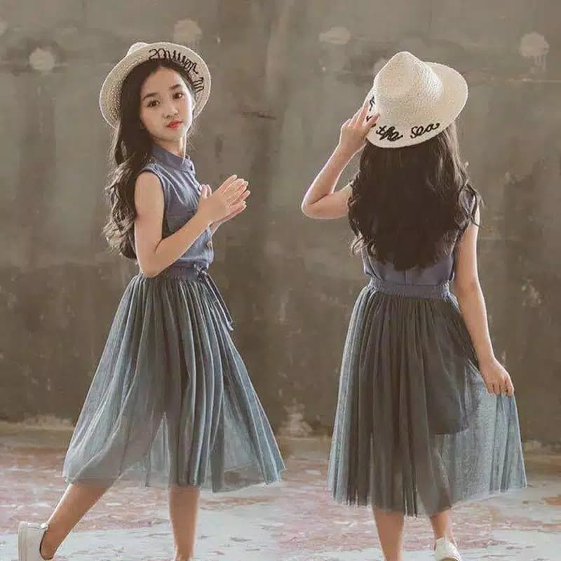 CFS Set Setelan Anak Dress + Rok Plisket Import Elegan Sleeveles + Bowknot