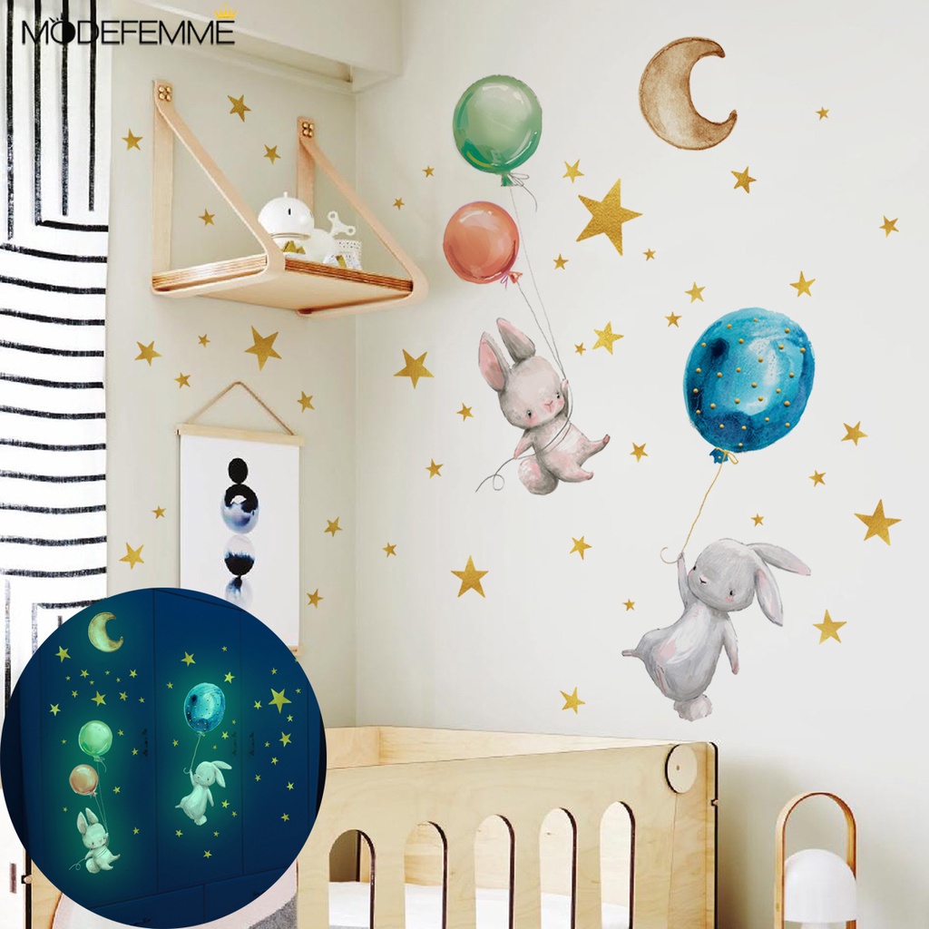 Stiker Dinding Luminous Motif Kelinci Balon Bintang Tahan Air Dapat Dilepas Untuk Dekorasi Kamar Tidur