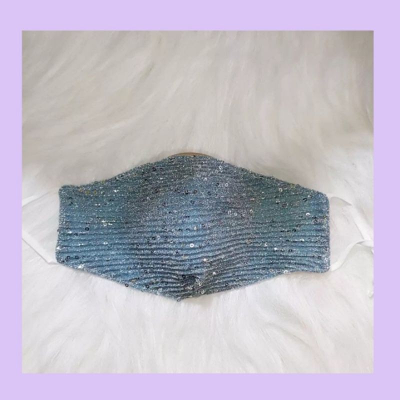 Masker Sequin Biru Muda Masker Cantik - Masker Glitter Sequin - Masker Kain - Masker Non Medis