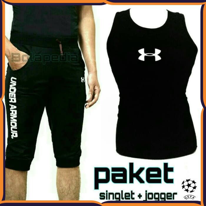 COMBINE STELAN KAOS SINGLET GYM HITAM TSHIRT SPORT MAN PANTS JOGGER 3/4 FITNES BLACK FT330