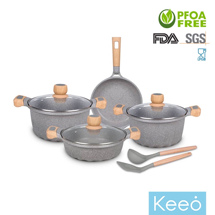 MGC 9 Pcs Wajan Panci Set Anti Lengket Marble Granit French Vintage Series - Abu Abu