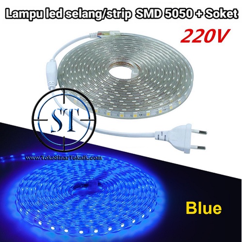 Lampu Led Strip Selang BLUE SMD 5050 Panjang 1-5 Meter In Ac 220V Warna Biru Cocok Indoor - Outdoor Lampu Hias Taman Plafon Rumah Waterproof