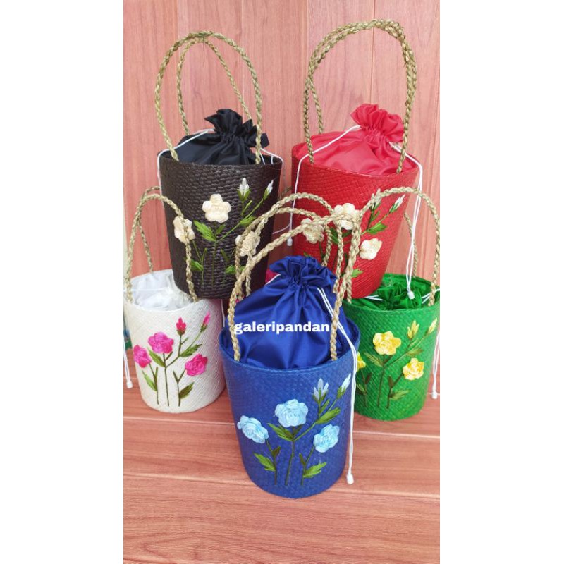 Tas Ember anyaman SULAM KERANJANG PARCEL Hantaran Bunga Sulam Tas bunga serut