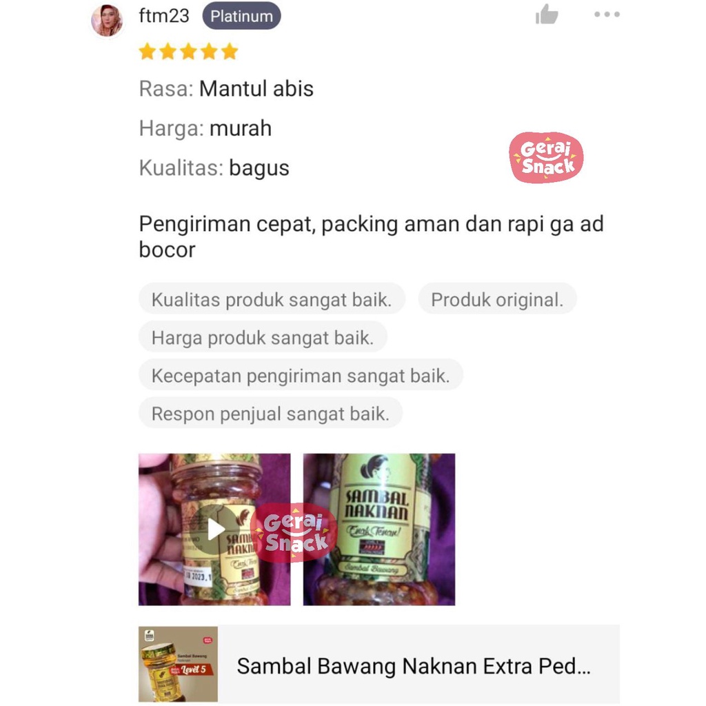 Sambal Bawang Naknan Extra Pedas Level 5 Enak Tenan Best Seller (140gr)