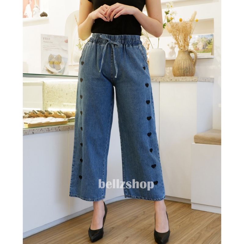 Celana Wanita Kulot Jeans Highwaist Pinggang Karet Korean Style Ootd Fashion Remaja Kekinia