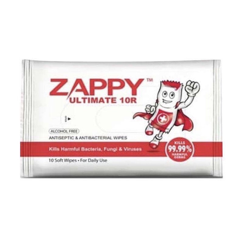 Zappy Ultimate 10R Alcohol Free Antiseptic & Antibacterial Wipes Tisu Basah (10 Sheets)