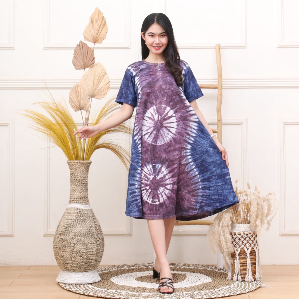 [GROSIR] Daster Kaos Payung Busui Tiedye XXL Jumbo Klok A Busui Resleting-Zip Guci Biru