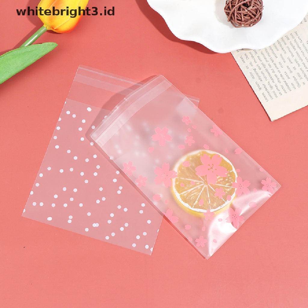 (whitebright3.id) 100pcs / Set Kantong Plastik Motif Bunga Sakura Untuk Tempat Permen / Kue