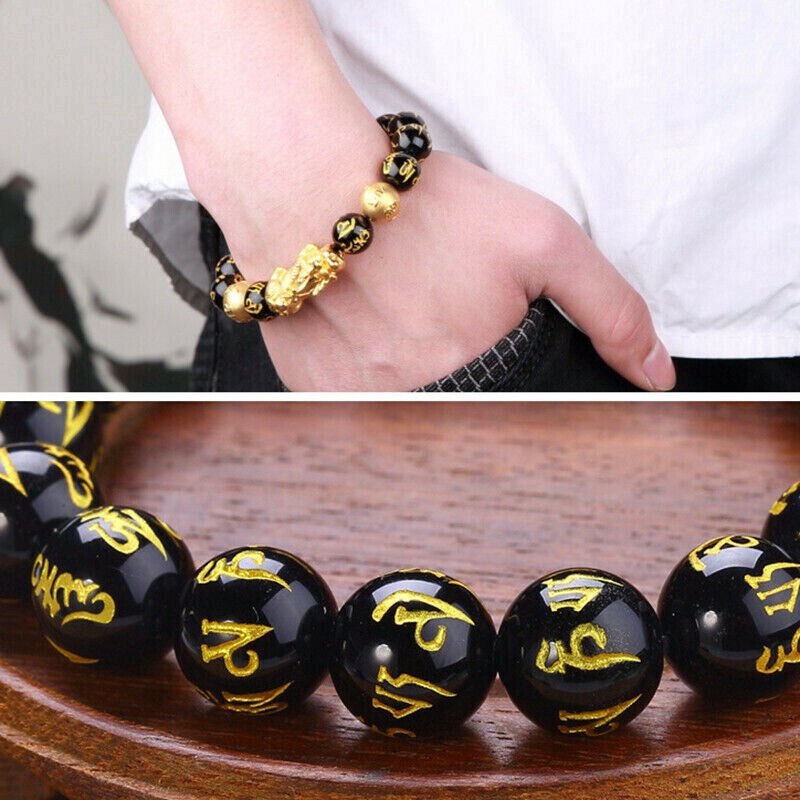 Gelang Feng Shui Warna Hitam Obsidian Pi Xiu Bahan Alloy Ukuran 10/12mm