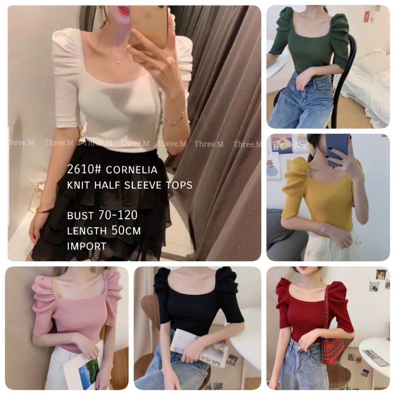 2610 Baju Atasan kemeja blouse lengan pendek kerut balon polos rajut knit impor import wanita cewek 