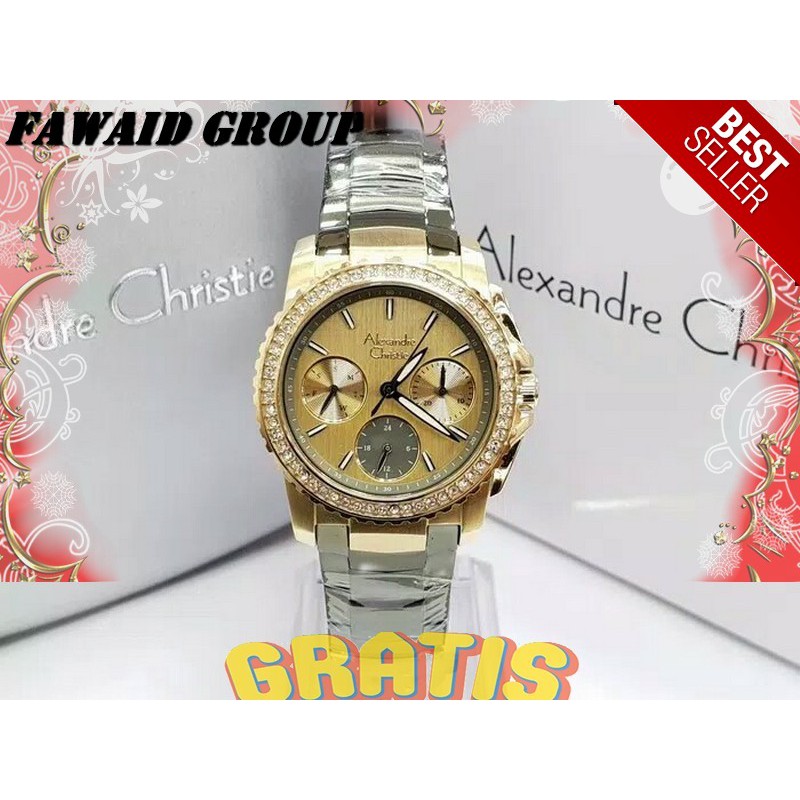BEST SELLER JAM TANGAN WANITA ALEXANDRE CHRISTIE AC 6455 WANITA MULTIFUNTION SPORTY GOLD GREY ORI