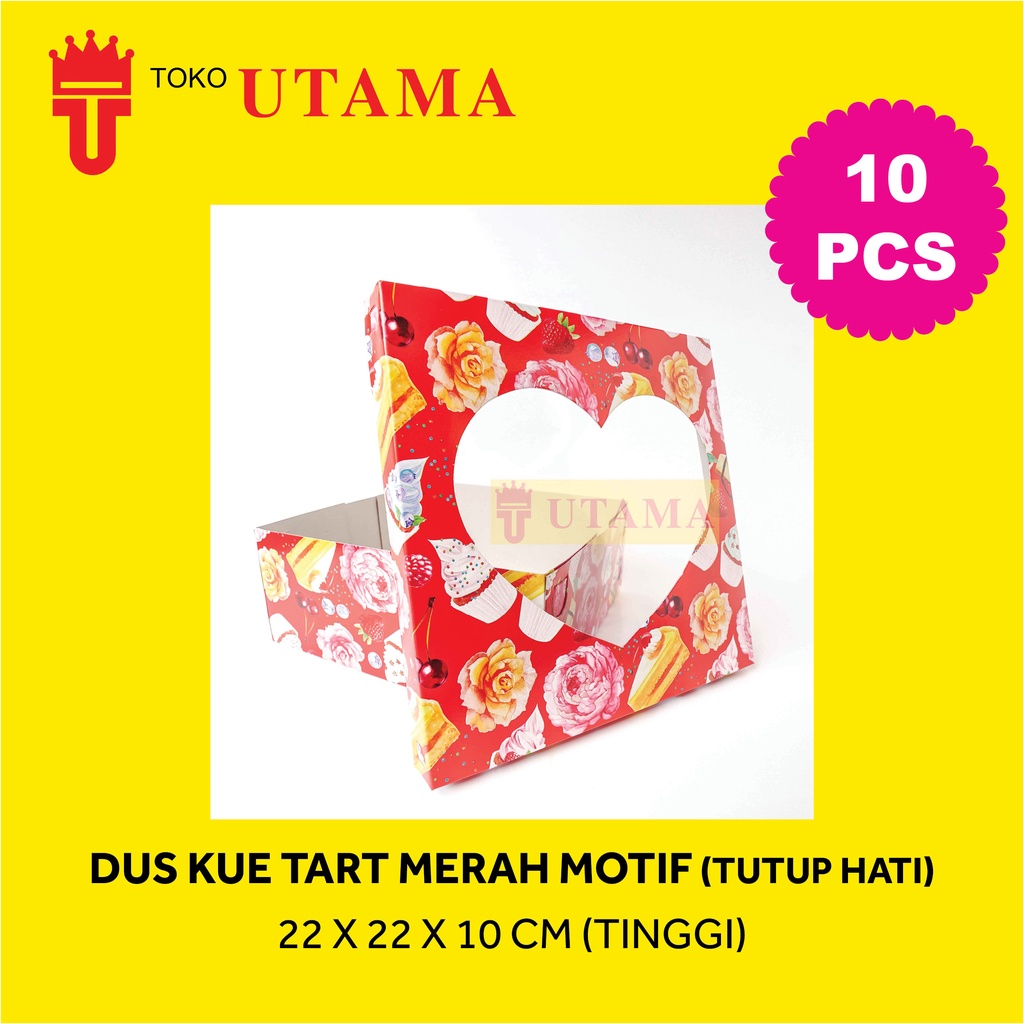 (10pcs) 22 x 22 x 10 CM Tinggi Dos DUS DUPLEX Kue Tart Merah Motif Cetak Tutup Hati