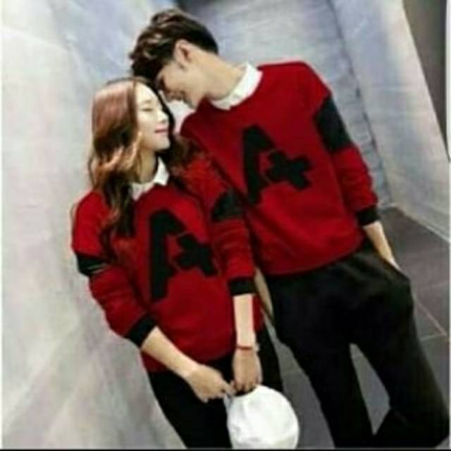 Baju couple AA merah marun hitam lengan panjang baju pasangan spandex korea style kasual santai