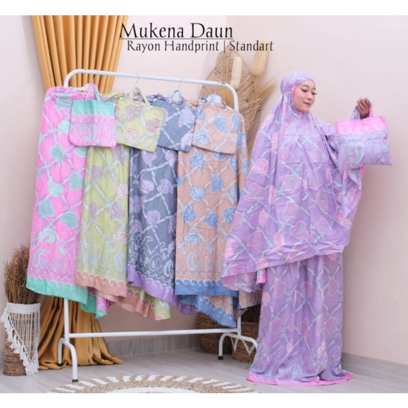 mukena daun handprint warna warni soft tas mukena rempel dewasa rayon adem murah hemat tas mukena ta