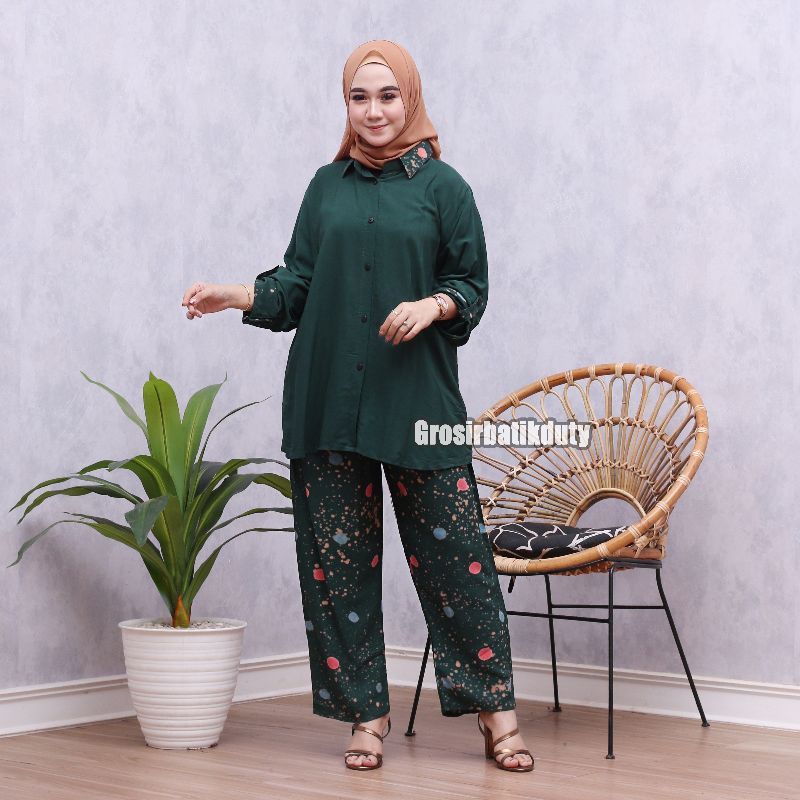 JUMBO SKODER SET CELANA DAN KEMEJA SHIBORI PAJAMAS TIE DYE TERBARU BAJU TIDUR PIYAMA KEKINIAN-Skoder angksa hijau