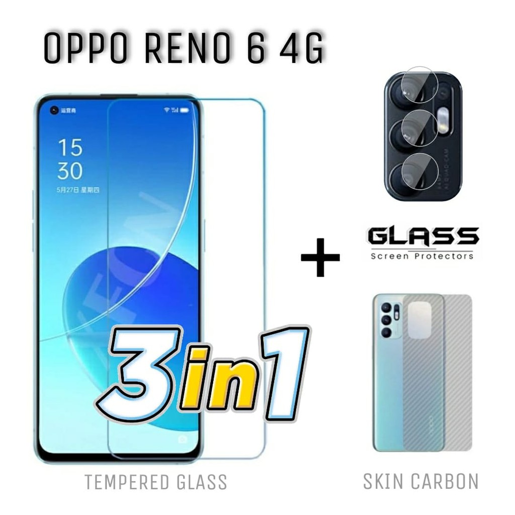 Tempered Glass Layar OPPO RENO 6 4G Free Tempered Glass Camera dan Skin Carbon Back Handphone