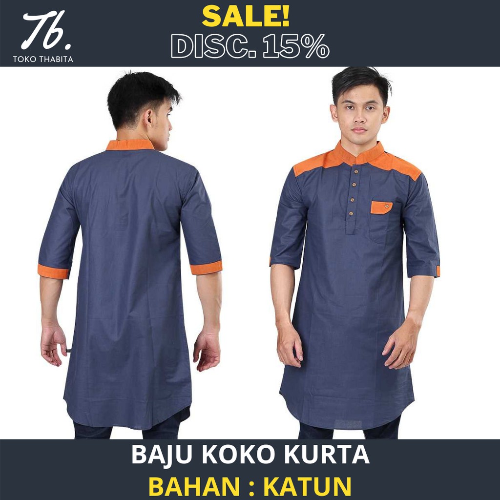 Baju Koko Kurta Pakistan Dewasa Lengan 3/4 Premium Warna Navy Katun