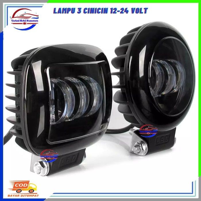 Lampu Led Variasi Tembak Sorot Kabut Depan Bulat 3 Cincin Variasi Mobil Truk Truck 12-24 Volt