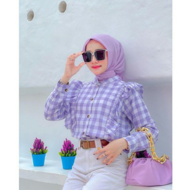 RUMAHBUSANA/UNA TOP ATASAN KEMEJA WANITA MOTIF KOTAK BAHAN CREEPE