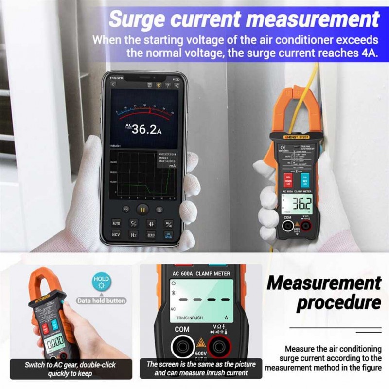 Tang Amper Multimeter Voltage Tester Clamp Digital Bluetooth LCD