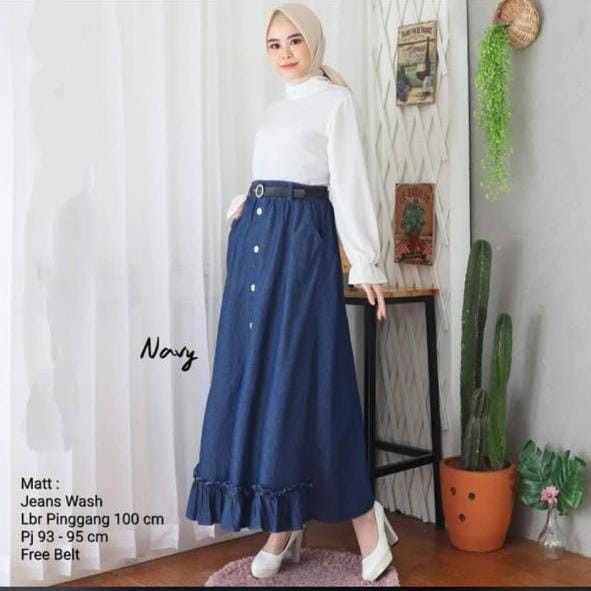 Orimoza Xandra Rok Jeans Panjang Kancing Depan Button Denim Skirt Snow-OVILIA JEANS NAVY