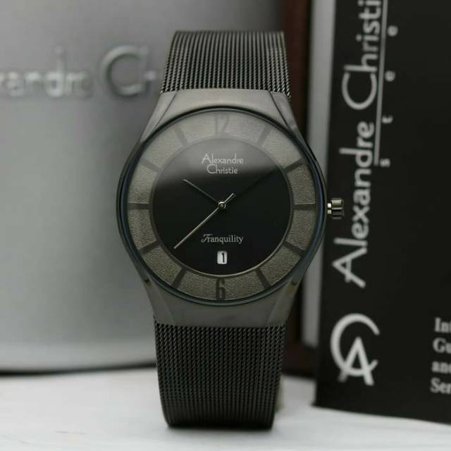 Alexandre Christie jam tangan pria rantai pasir slim tipis 8331 full hitam
