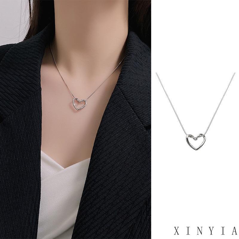 【Bayar di tempat】Kalung Titanium Wanita Fashion Hati Liontin Berlian Rantai Klavikula Aksesoris Kalung Cewek Korea Murah