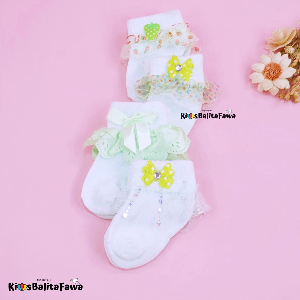 [HIJAU MUDA] Kaos Kaki Pita Renda &amp; Prewalker Socks 3D Bayi / Anti Slip Raju Halus Baby Perempuan Import Murah Polos Stretch Babycinnamon