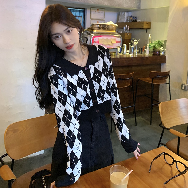 Gaya Retro Lengan Panjang Knit Hitam Kardigan Kotak-kotak Untuk Wanita