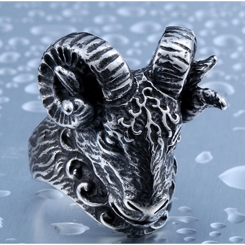 SEUSUK  Vintage Fashion Satan Worship Ram Aries Zodiac Sheep Goat Head Horn Biker Ring Jewelry Gifts