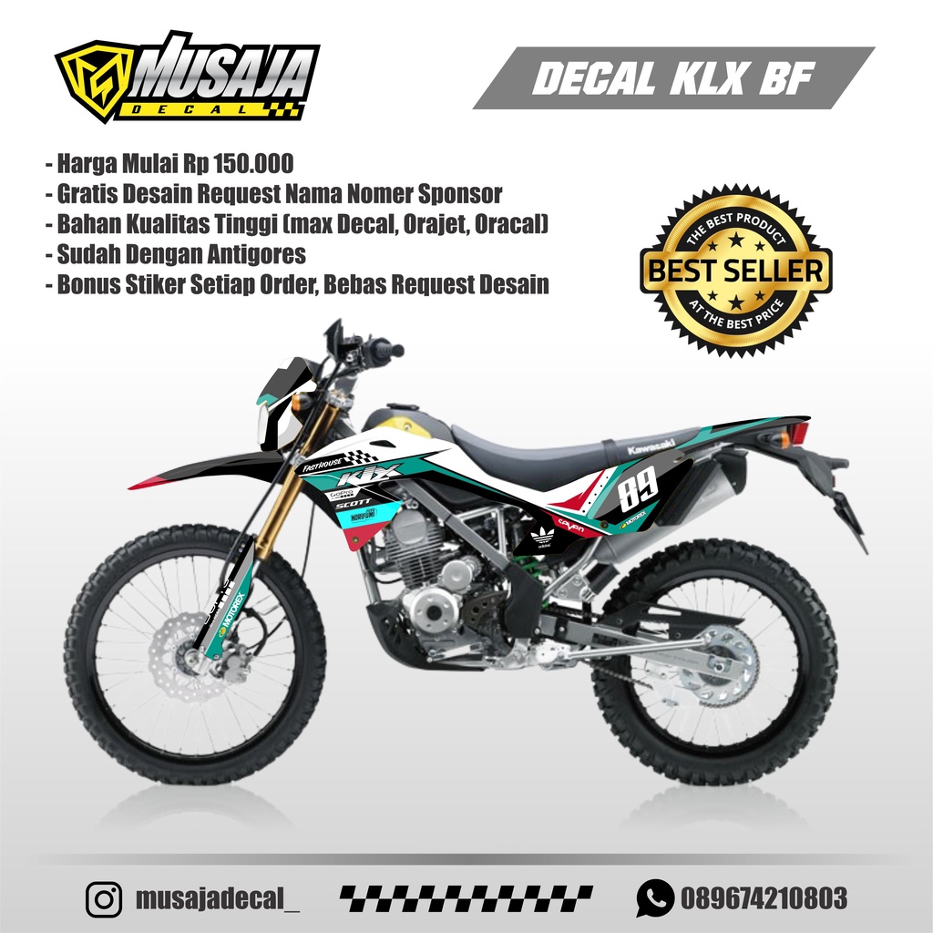 Decal KLX bf fullbody elegan putih kombinasi tosca - decal stiker KLX 150 bf fullbody