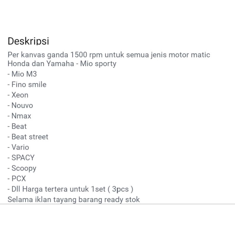 Per sentri/per kampas ganda kopling 1000 rpm-1200 rpm-1500 rpm-2000 rpm All matic tanpa kemasan 1set isi 3 per (sesuai gambar)