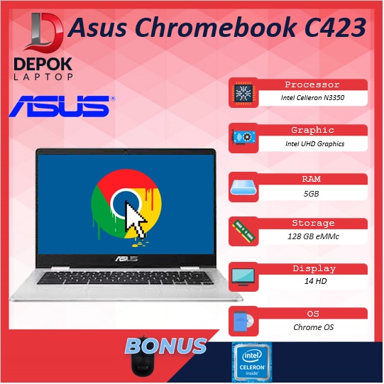 Review Asus Chromebook C423 | Intel N3350 (1.1 GHz - 2.4 GHz ) | 4GB |
128GB | 14.0HD | Chrome OS dari Shopee Indonesia