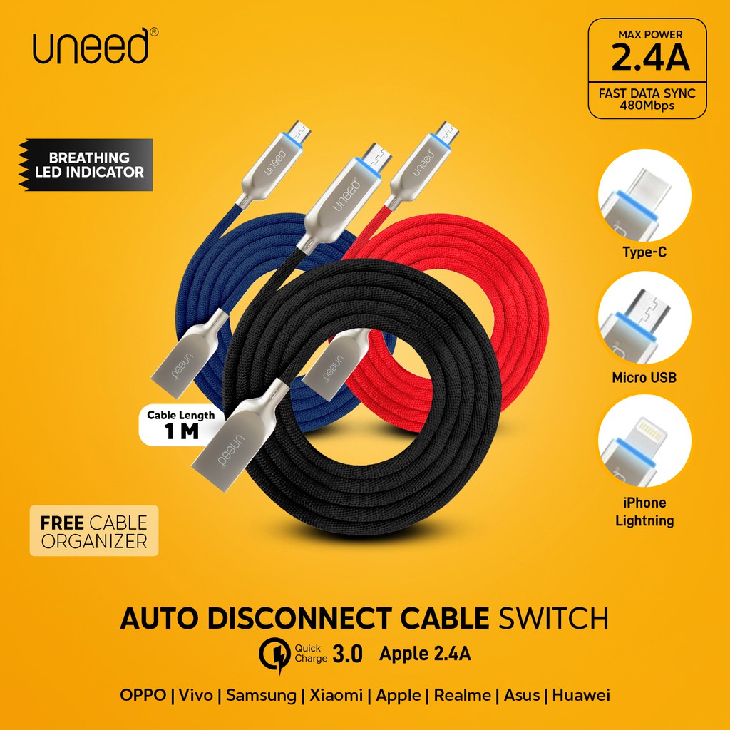 Uneed Auto Disconnect Kabel Data Micro USB / USB Type C / iPhone
