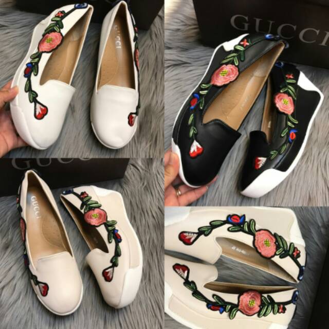SEPATU WANITA GUCCI FLOWER WEDGES